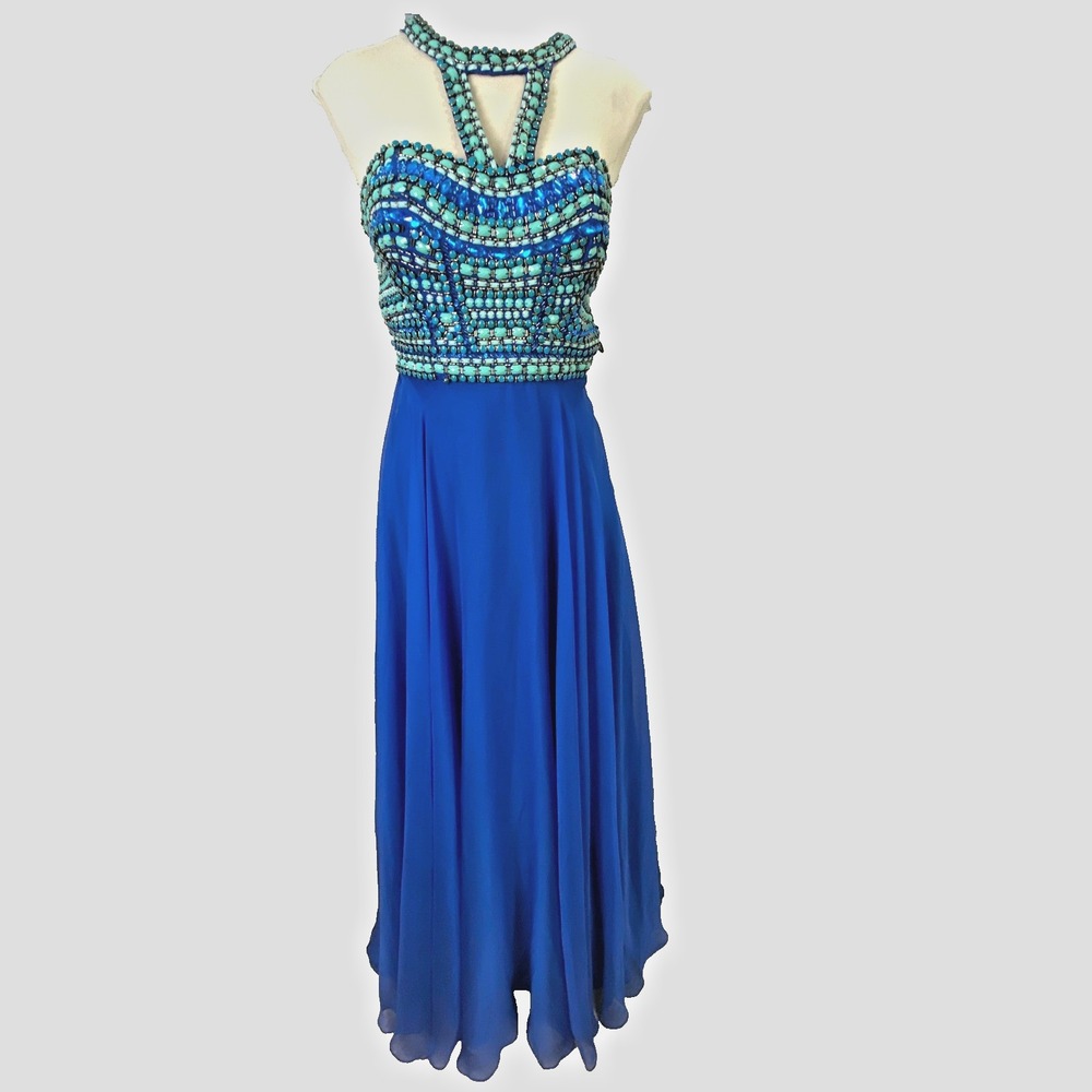 Rachel Allan Royal Blue Beaded Halter‎ Gown Cutout Back Formal Dress 8